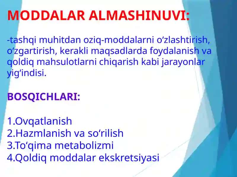 Moddalar almashinuviga kirish. Ovqatlanish Biokimyosi 2