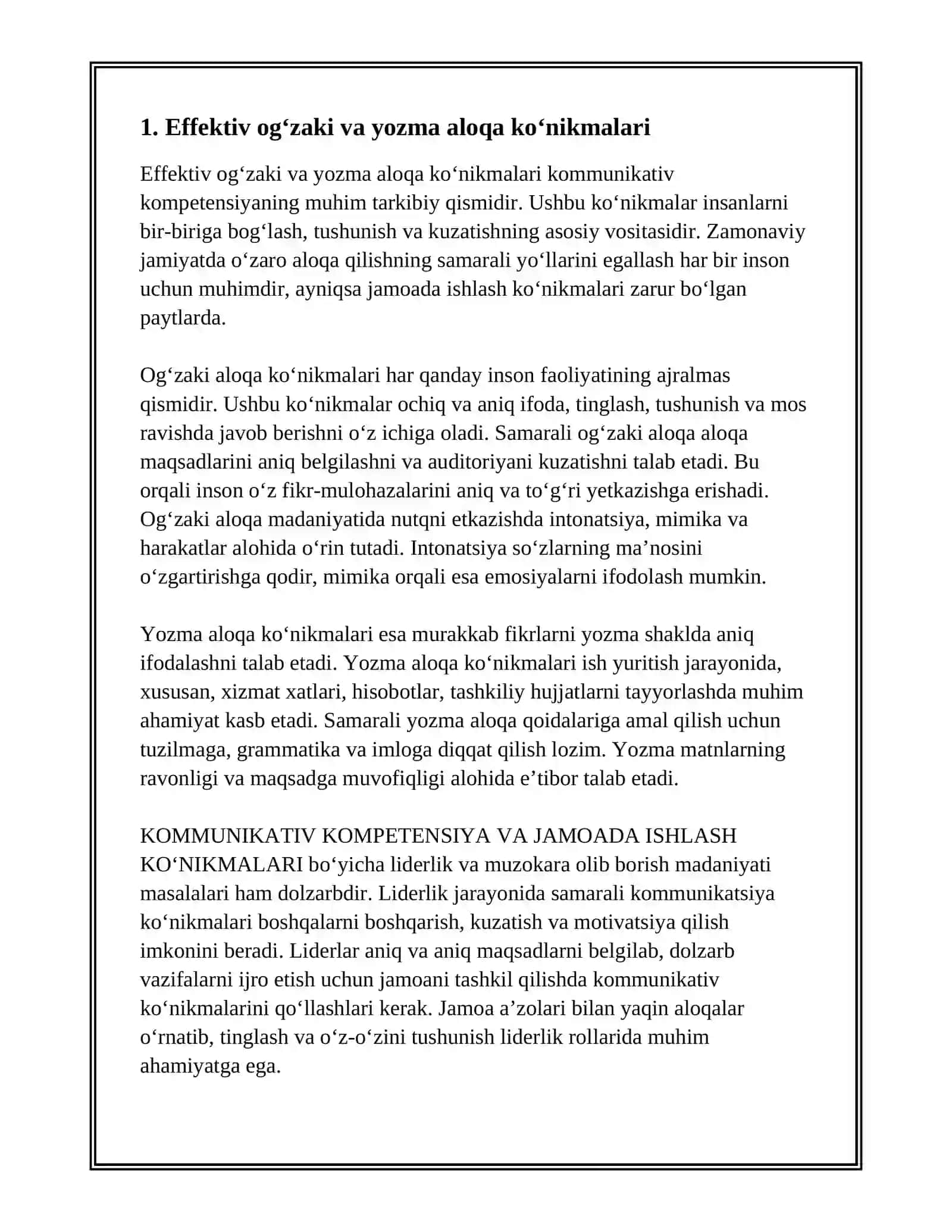KOMMUNIKATIV KOMPETENSIYA VA JAMOADA ISHLASH KO‘NIKMALARI (LIDERLIK, MUZOKARA OLIB BORISH MADANIYATI) 2