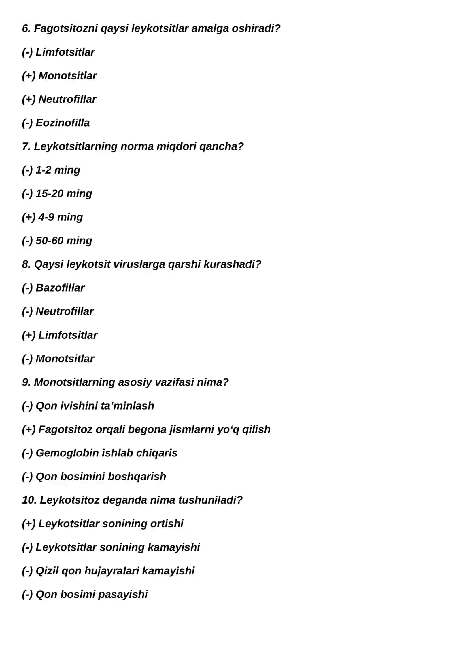 Leykotsitlar haqida test savollari 2