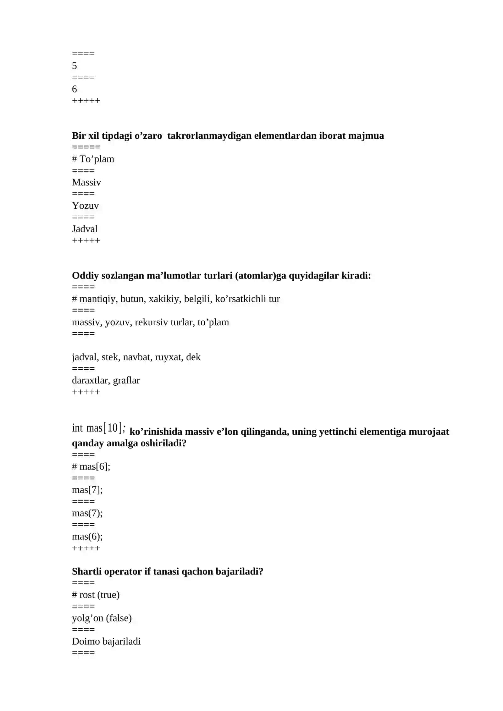 Algoritmlarni loyihalash Yakuniy testlar javoblari bilan 2