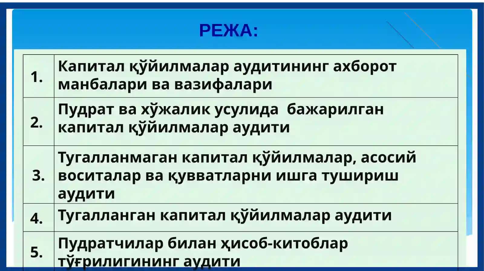 Капитал қўйилмалар аудити 2
