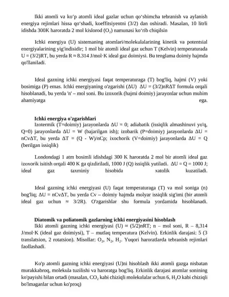 Ideal gazning ichki energiyasi 2