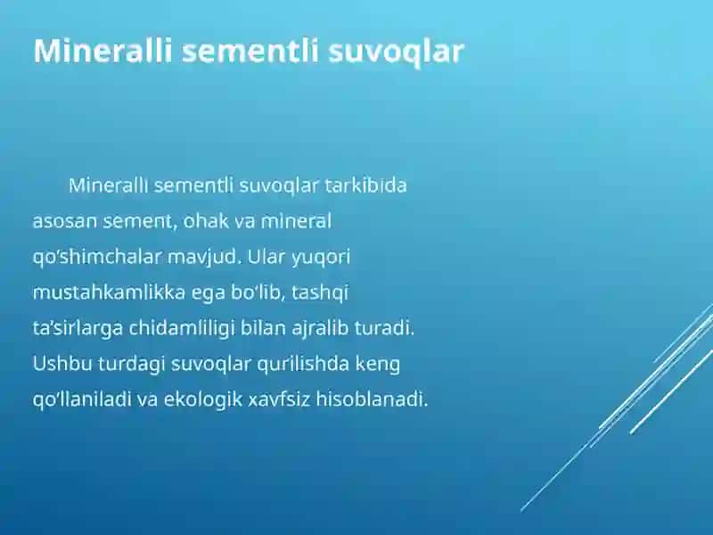 Mineralli sementli va akril suvoqlarning xossalari 2