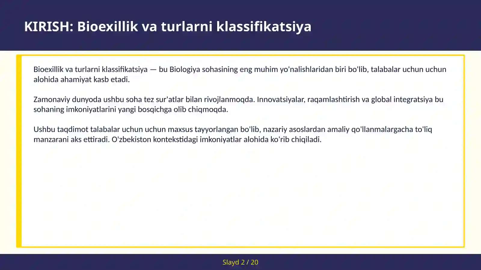 Bioexillik va turlarni klassifikatsiya 2