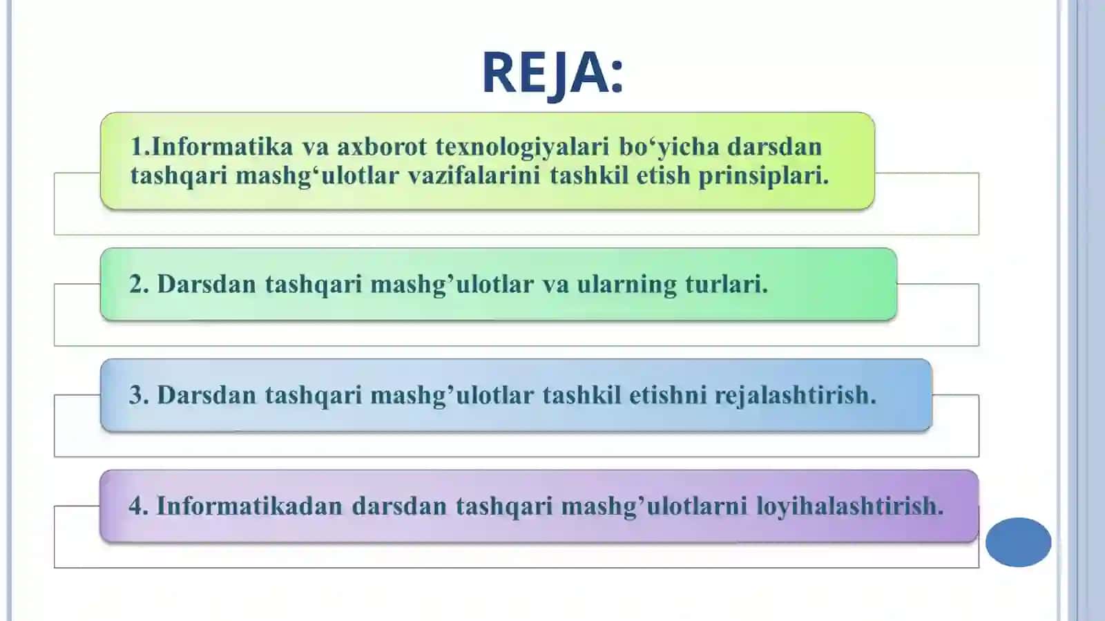 Informatikada darsdan tashqari mashg‘ulotlarni loyihalashtirish. 2