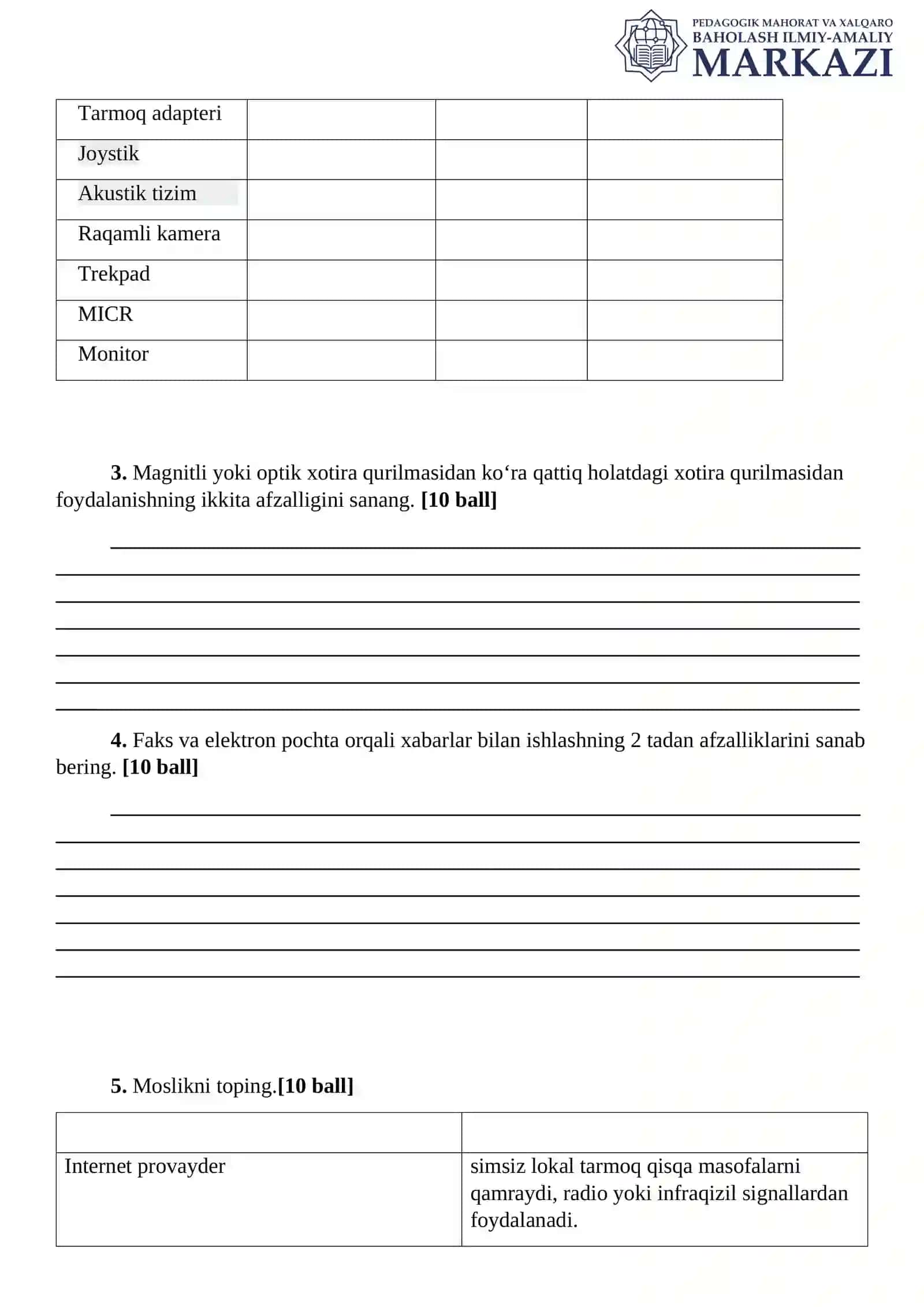 9 sinf Informatika fanidan BSB-1 savollari Variant 2 2