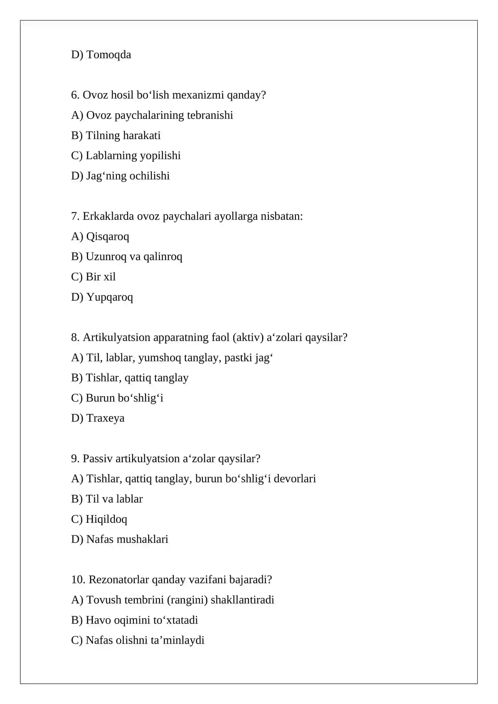 Nutqning anatomik-fiziologik mexanizmi Test 2