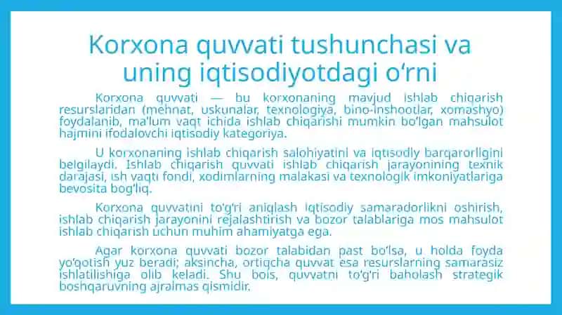 Korxonalarning quvvatini bozor talablariga ko'ra aniqlash 2