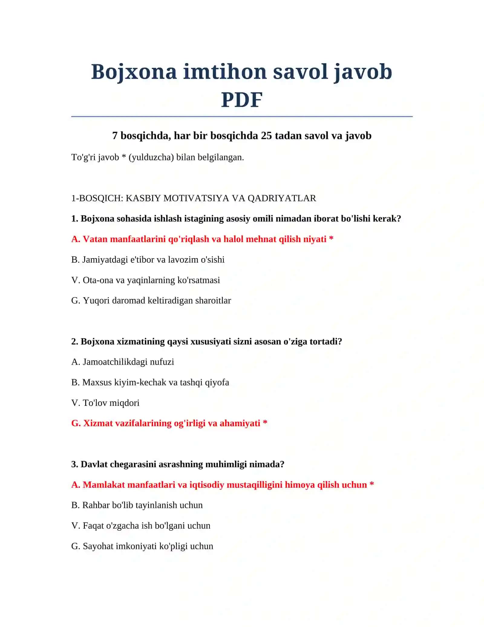 Bojxona imtihon savol javob PDF 2