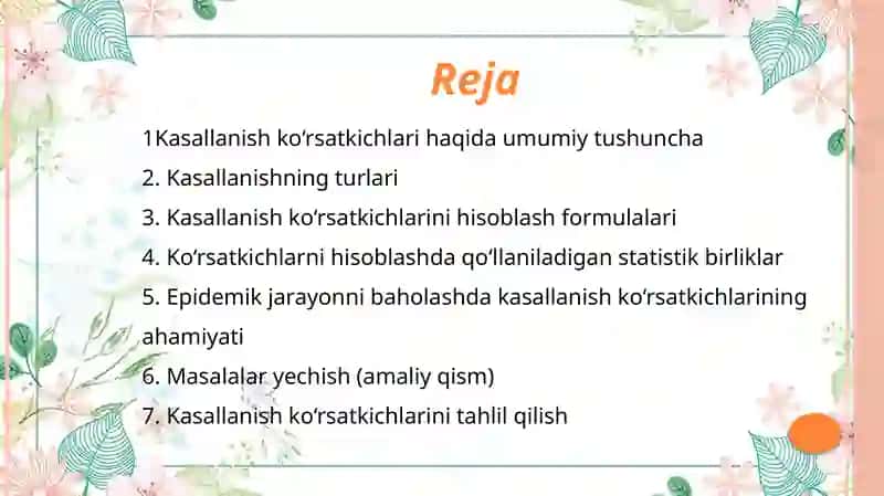 Kasallanish ko‘rsatkichlarini xisoblash bo‘yicha masalalar yechish. 2