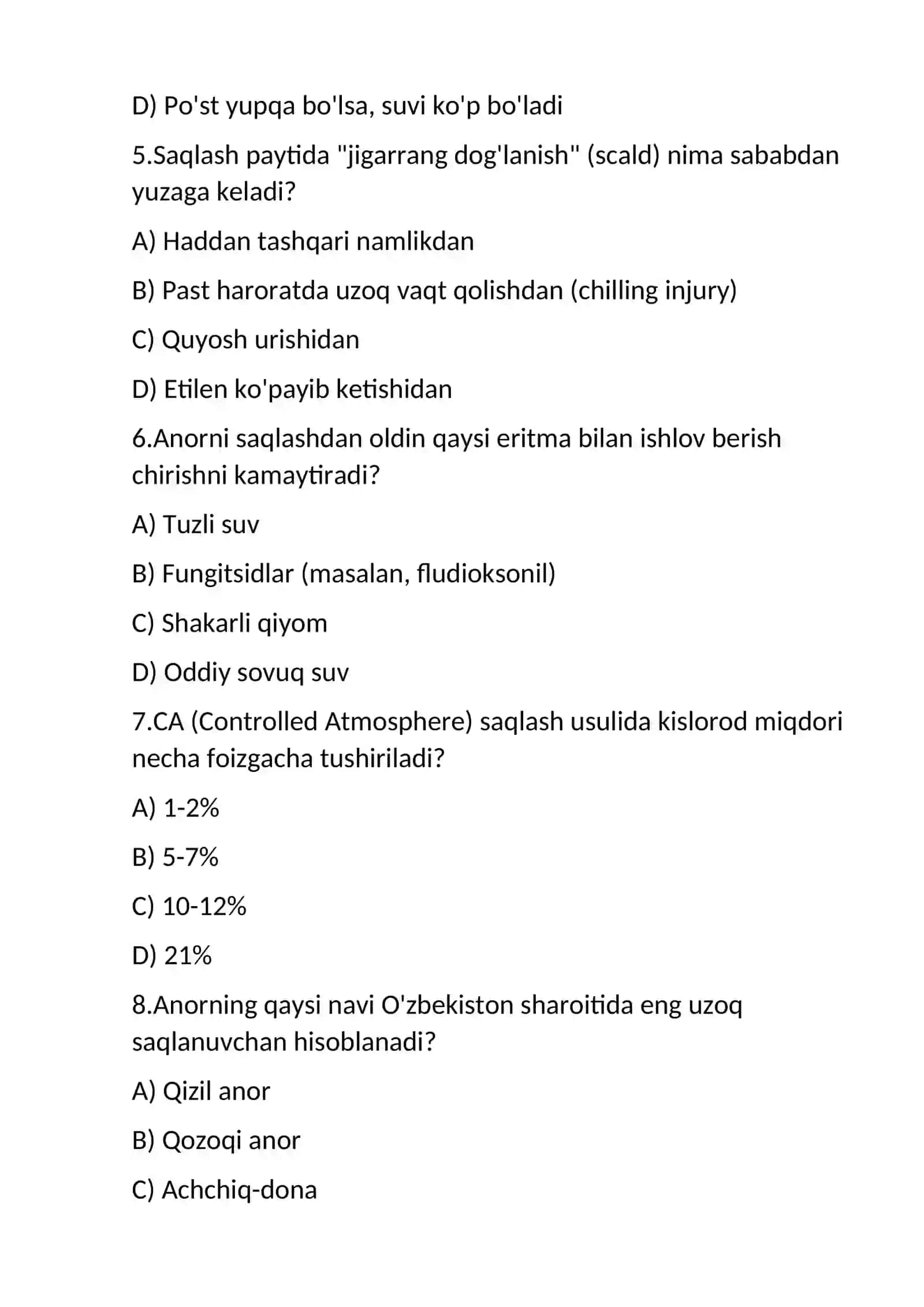 anor saqlash texnalogiyasiboyicha  test 2