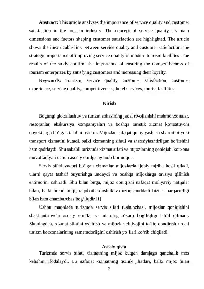 TURIZMDA SERVIS SIFATI VA MIJOZLAR QONIQISHI 2