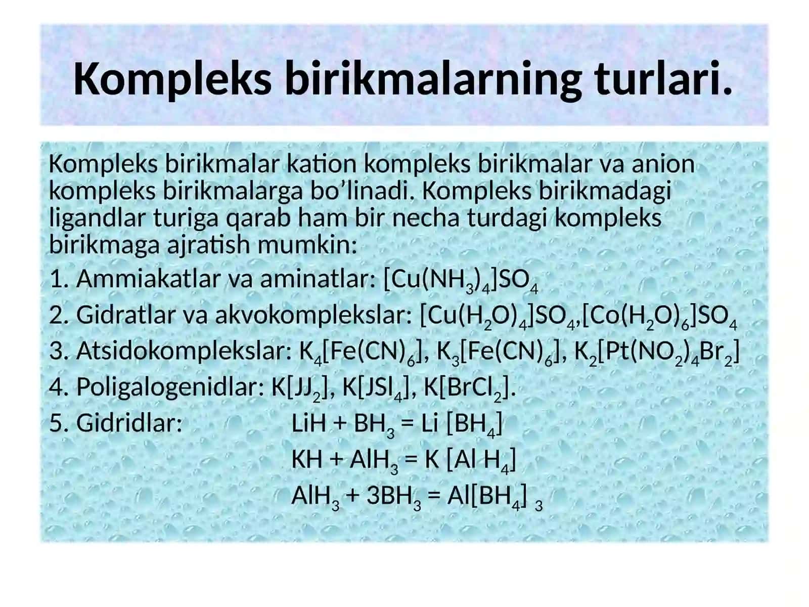 Kompleks birikmalar turlari va xossalariga doir masala yechish 2