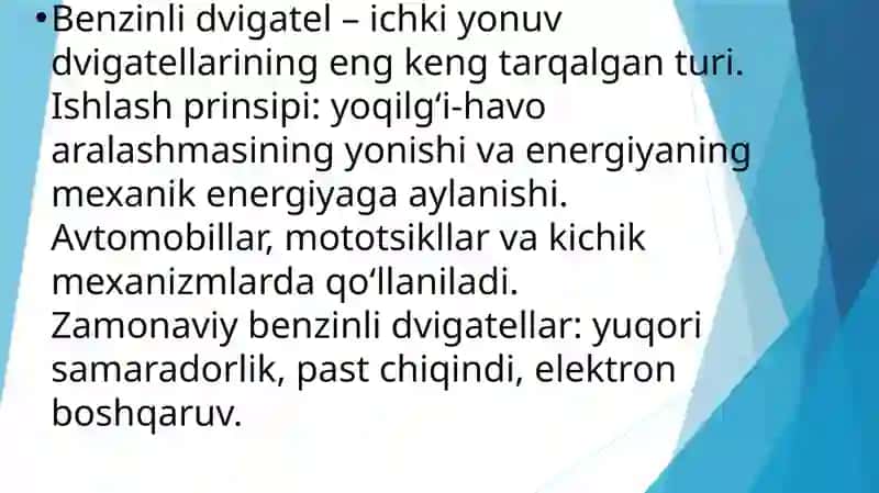 Benzinli dvigatellarning ishlash prinsipi va texnologiyasi 2