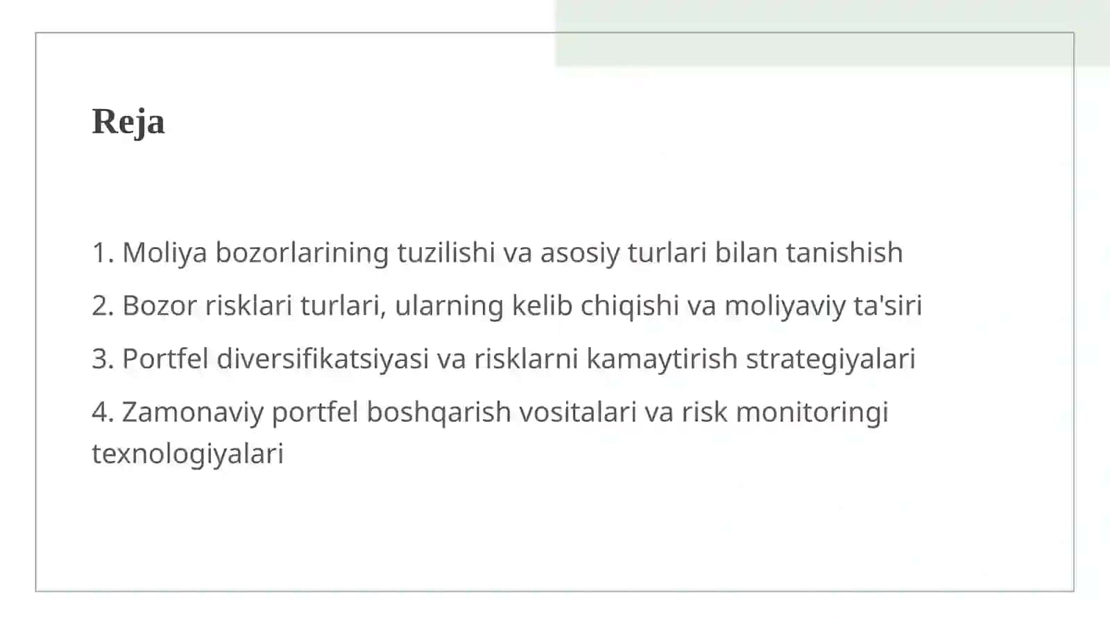 Moliya bozori risklari va portfelini boshqarish 2