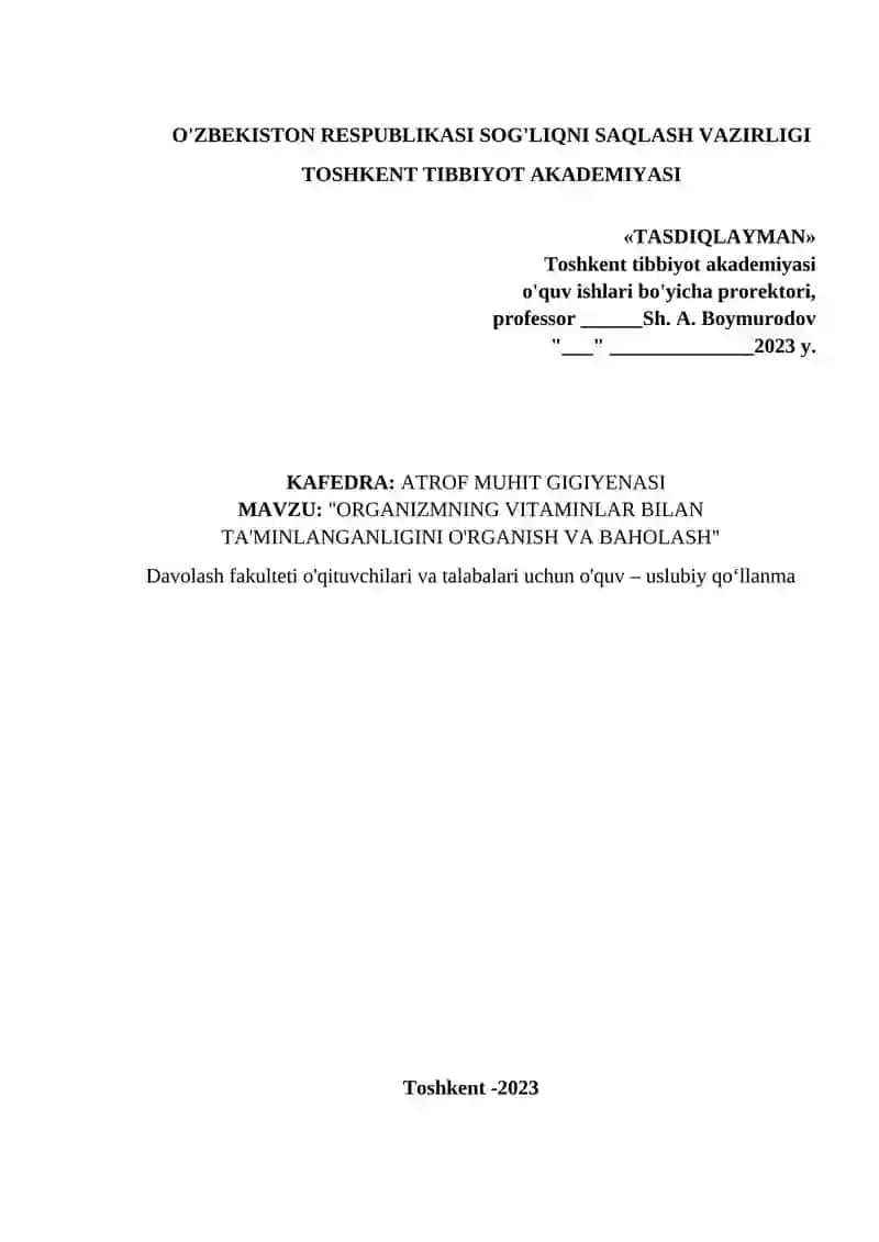 ORGANIZMNING VITAMINLAR BILAN TA'MINLANGANLIGINI O'RGANISH VA BAHOLASH 2