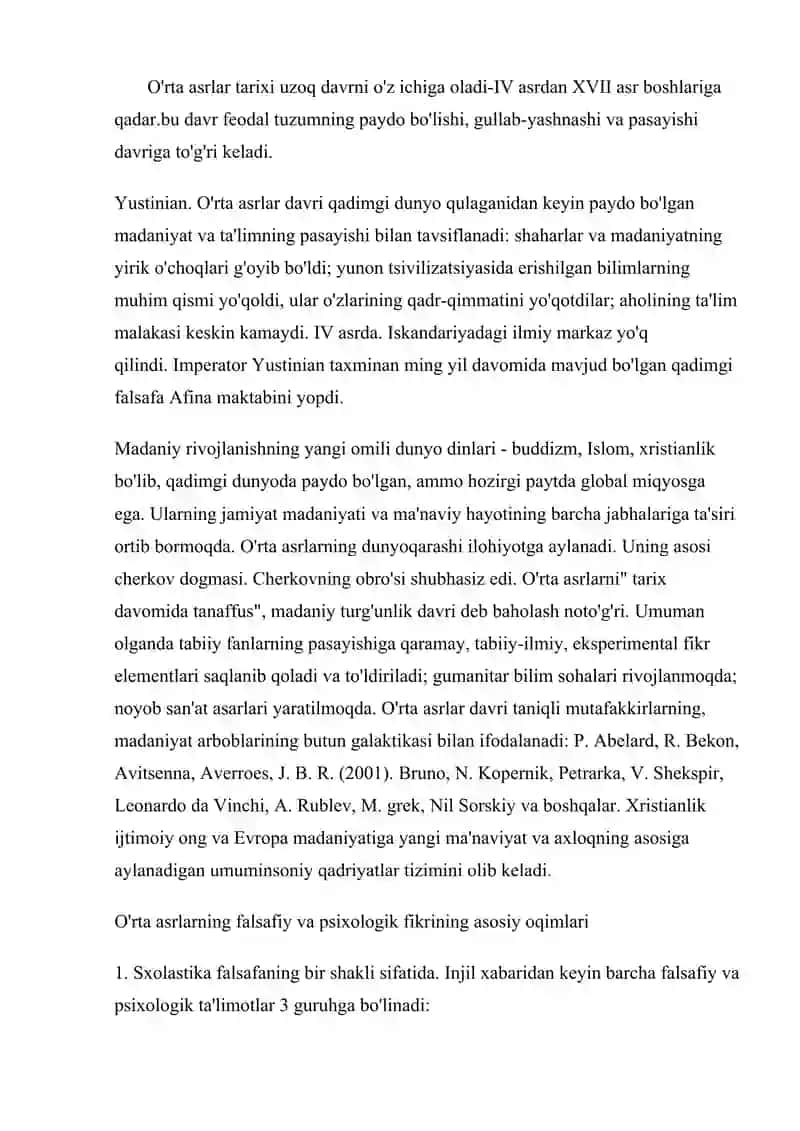 O'rta asrlarda psixologik fikrning rivojlanish bosqichlari. 2