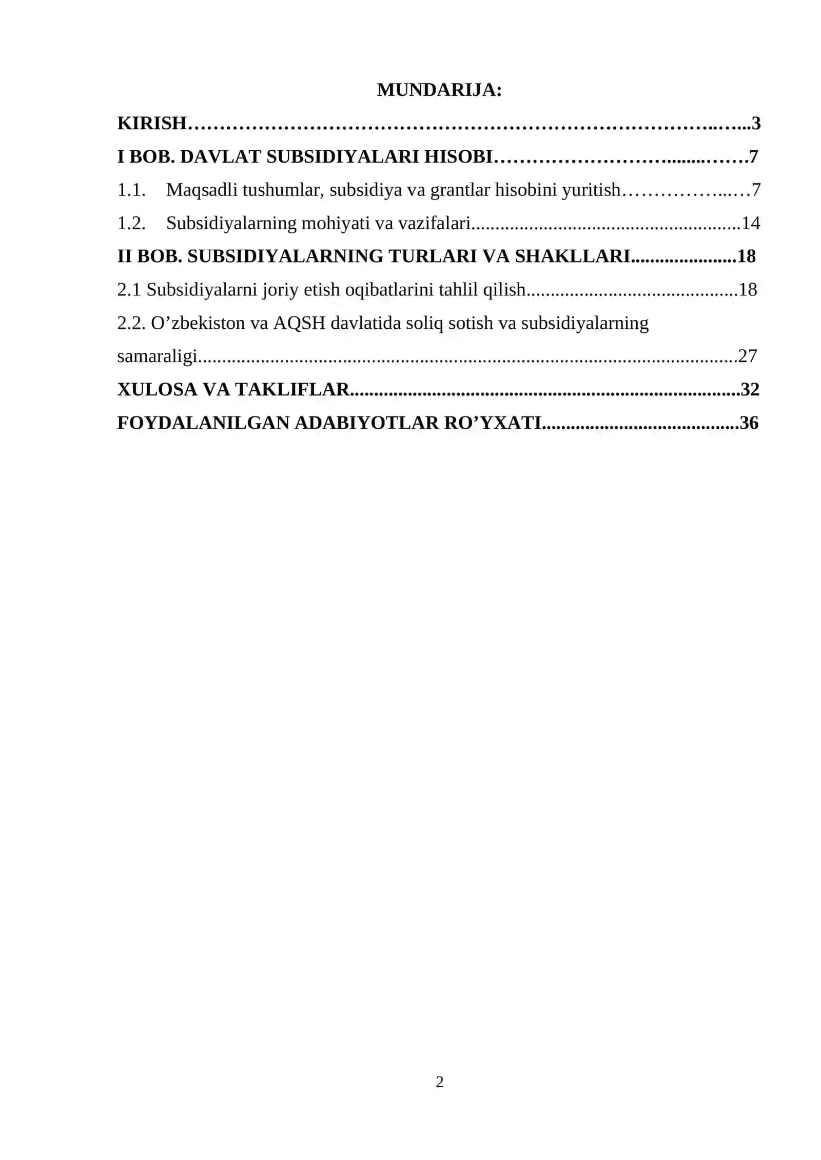 Davlat subsidiyalari hisobi kurs ishi 2