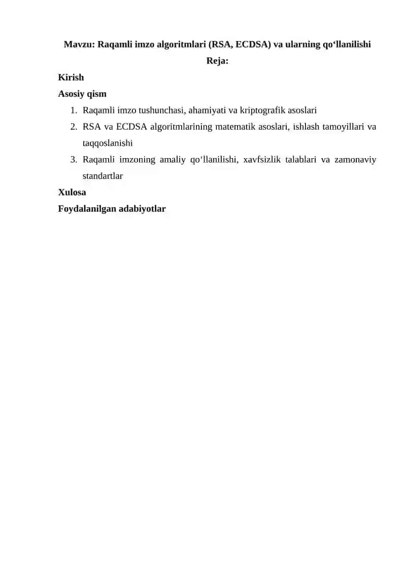 Raqamli imzo algoritmlari (RSA, ECDSA) va ularning qo‘llanilishi 2