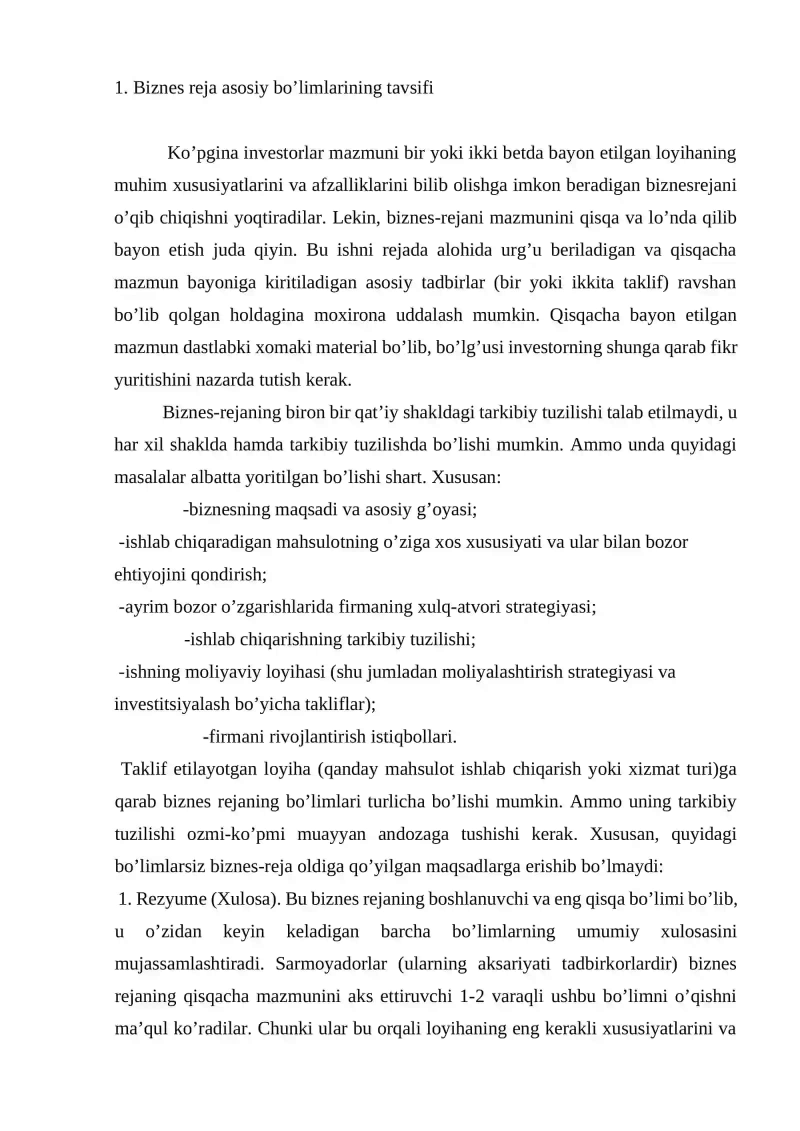 Biznes reja bo’limlarining tavsifi 2