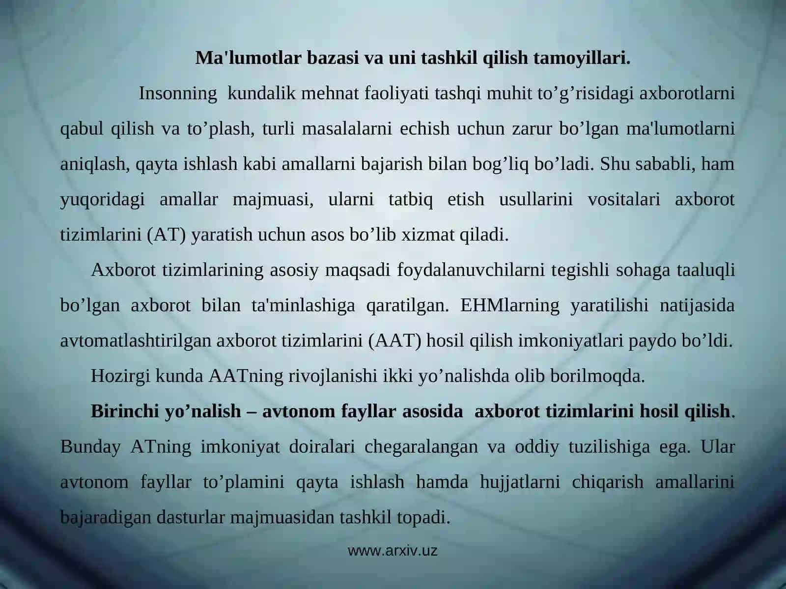 Ma'lumotlar bazasi va uni tashkil qilish tamoyillari 2