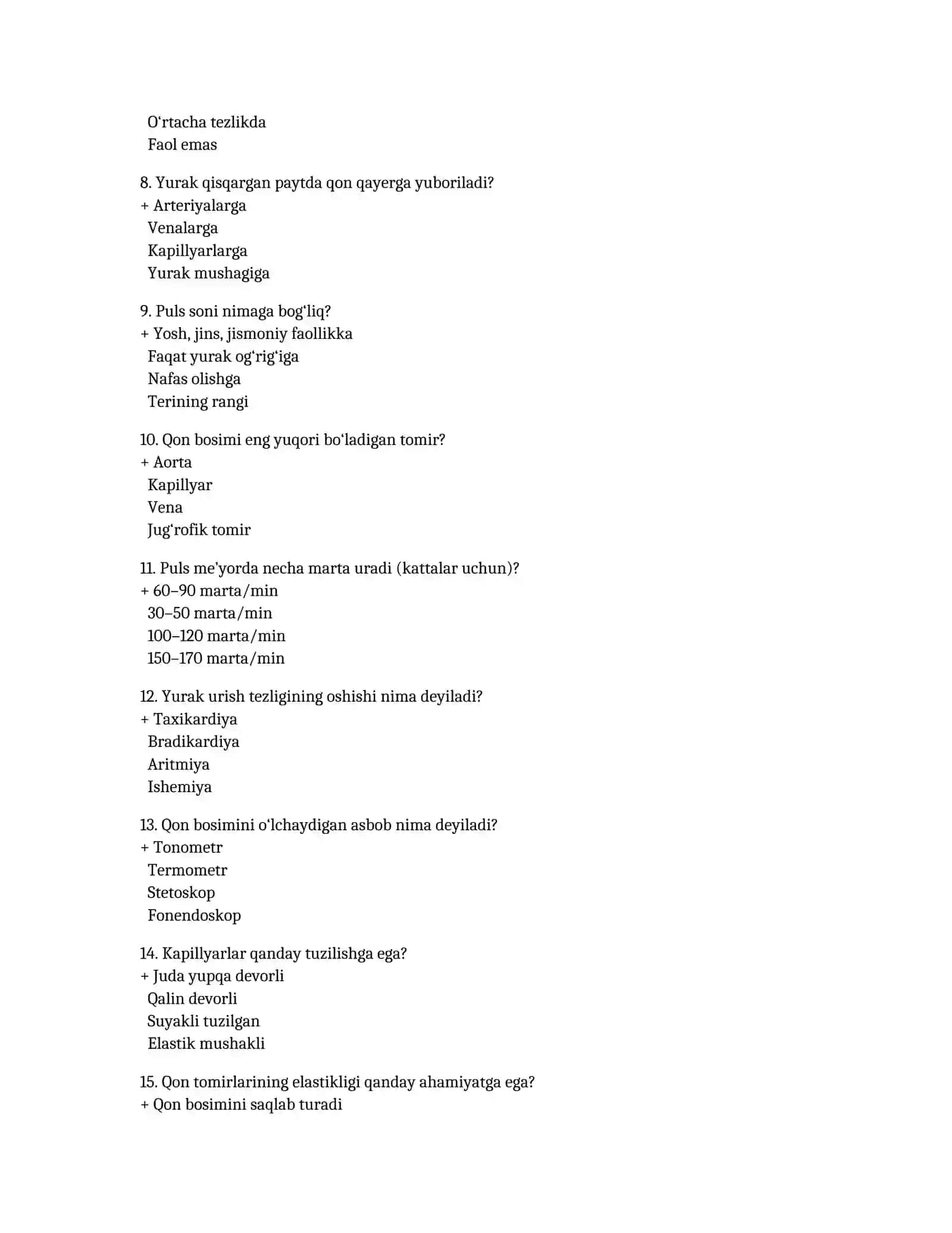Qon Tomirlarda Qonning Harakati va Puls Bo‘yicha Test Savollari 2