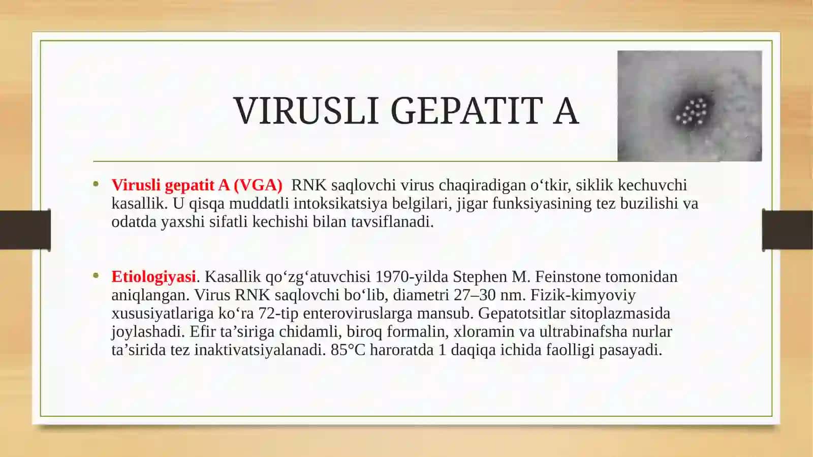 VIRUSLI GEPATITLAR A, E. ETIOLOGIYASI, PATOGENEZI, TASNIFI, KLINIKASI, TASHXISOTI, DAVOSI VA PROFILAKTIKASI. VIRUSLI GEPATITLAR REKONVALESSENTLARINING DISPANSERIZATSIYASI 2