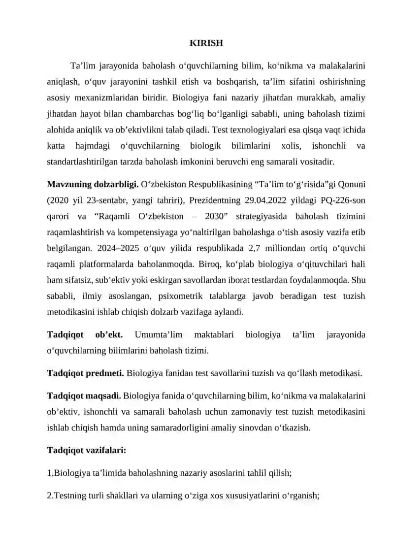 O‘QUVCHILARNING BIOLOGIK BILIMLARINI BAHOLASHDA TEST TUZISH METODIKASI 2