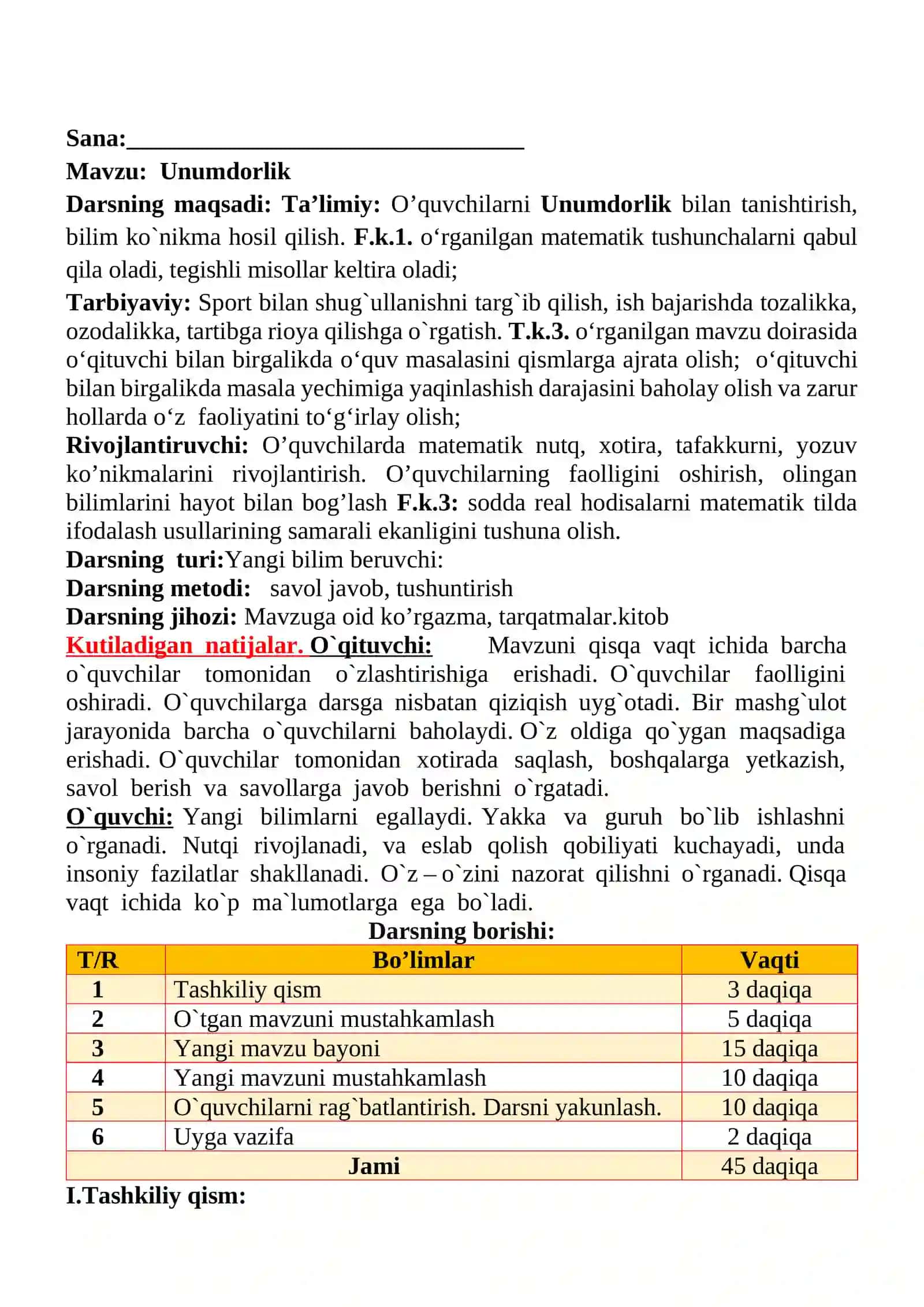 Unumdorlik mavzusida 3-sinf Matematika fanidan dars ishlanmasi 2