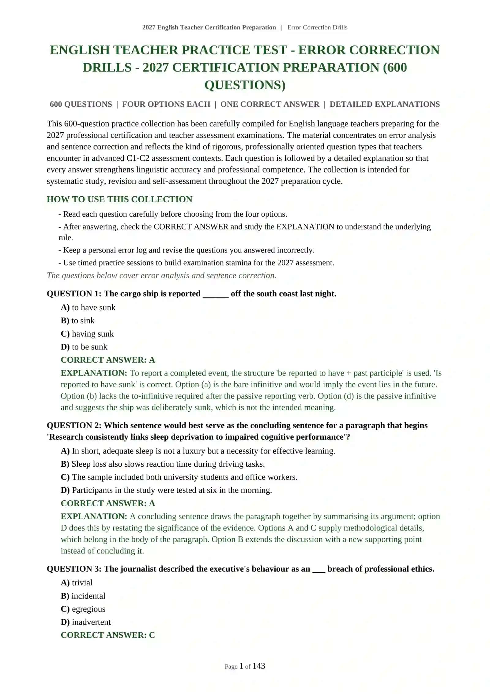 Error Correction Drills for English Teacher Certification Preparation 2