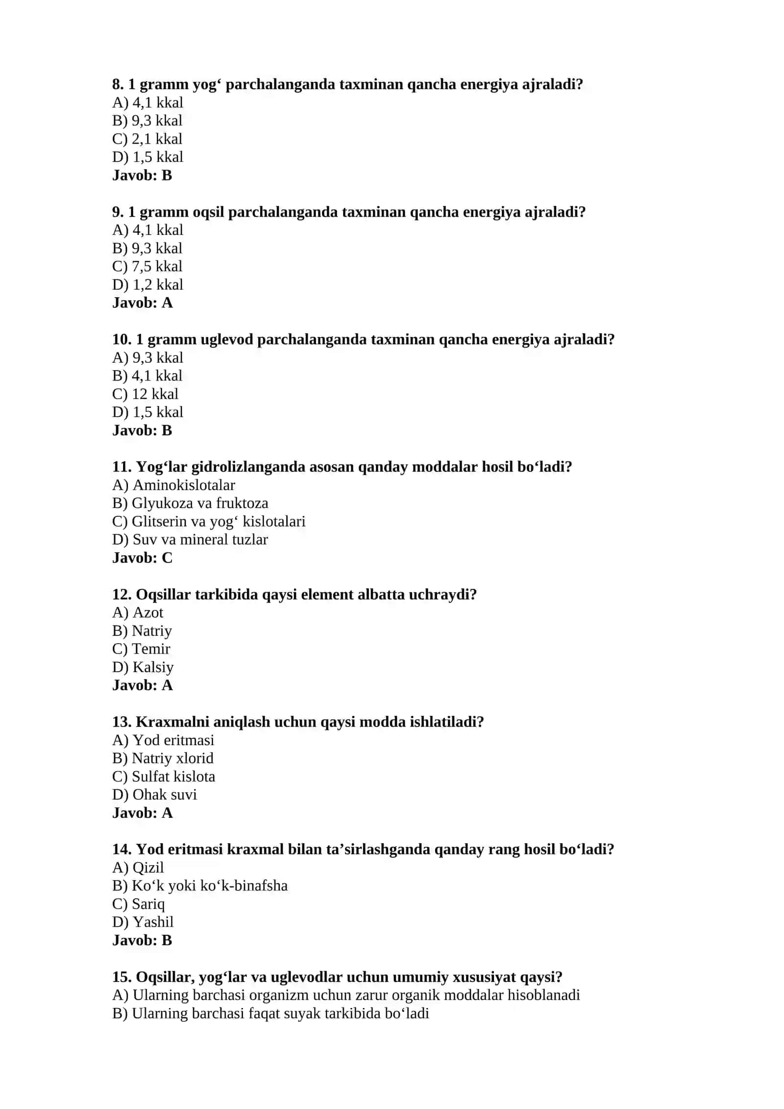 Oqsillar, yog‘lar va uglevodlar — 15 ta test 2
