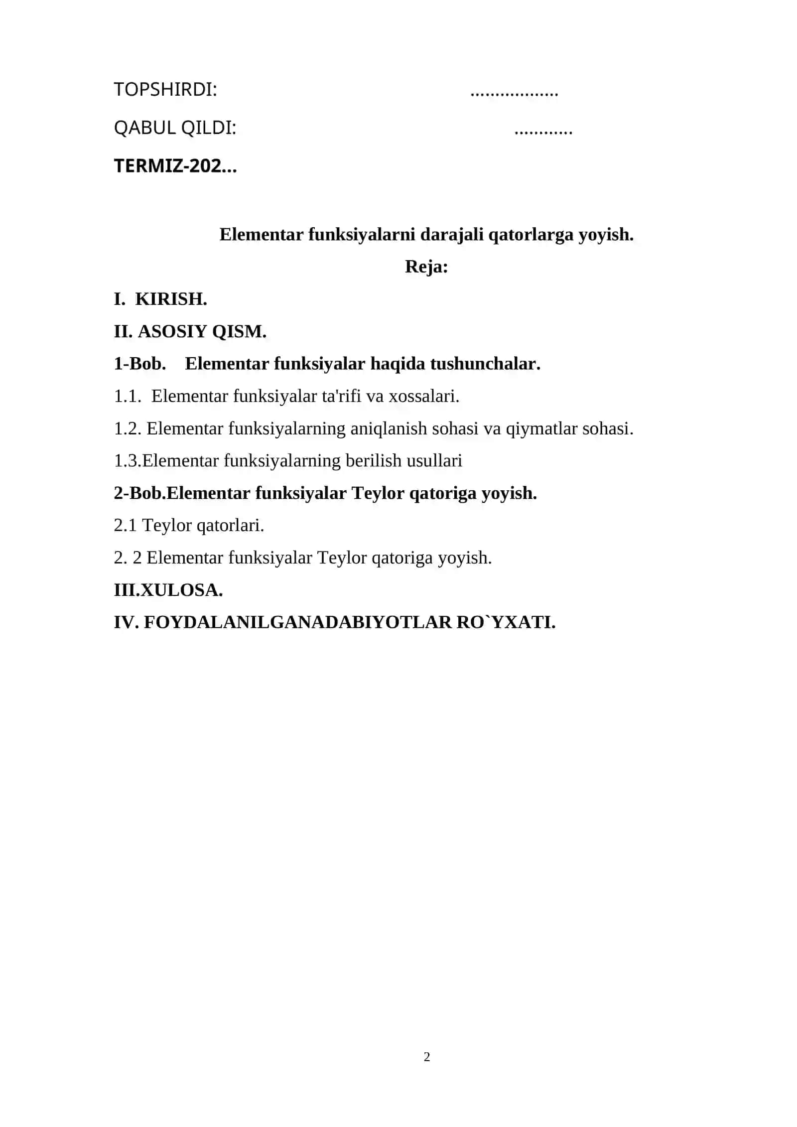 Elementar funksiyalarni darajali qatorlarga yoyish 2