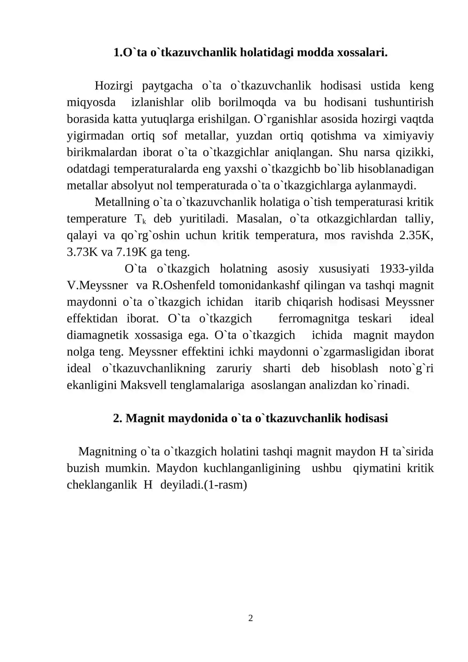 O`ta o`tkazuvchalik holatidagi modda xossalari 2
