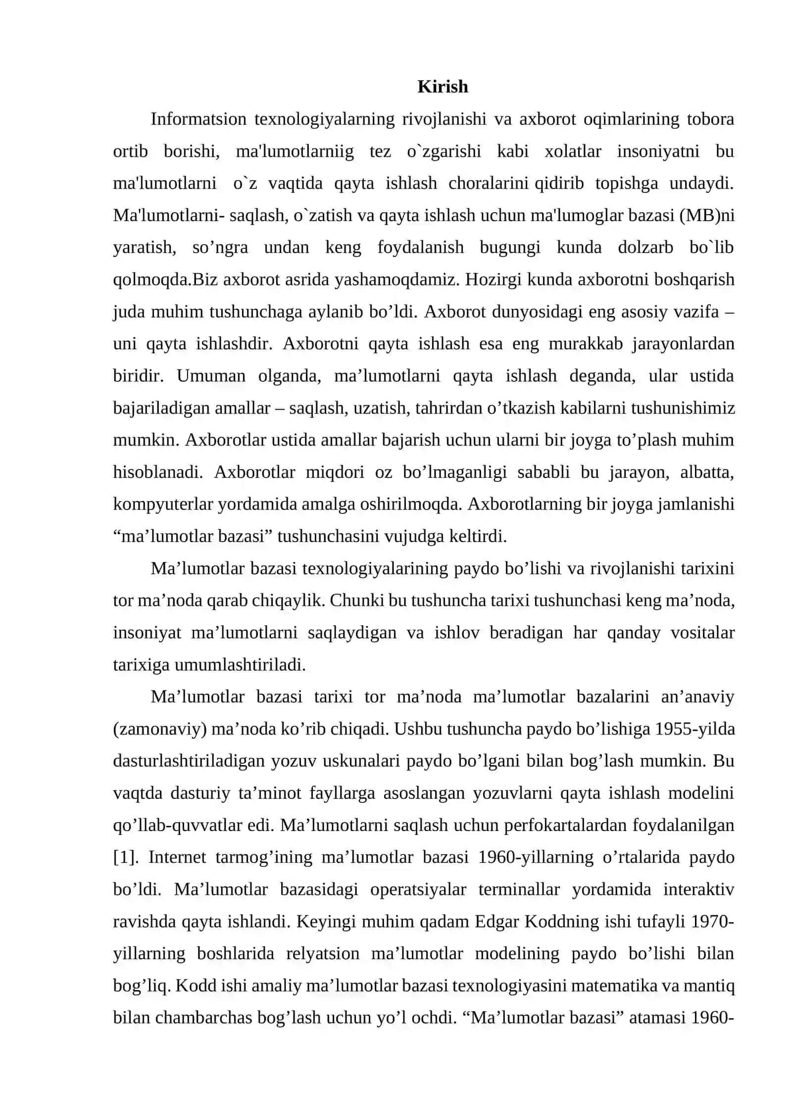 Ma’lumotlar bazasi texnologiyalari fanidan “Mehmonxona ma’lumotlar bazasini loyihalash” mavzusida kurs ishi 2