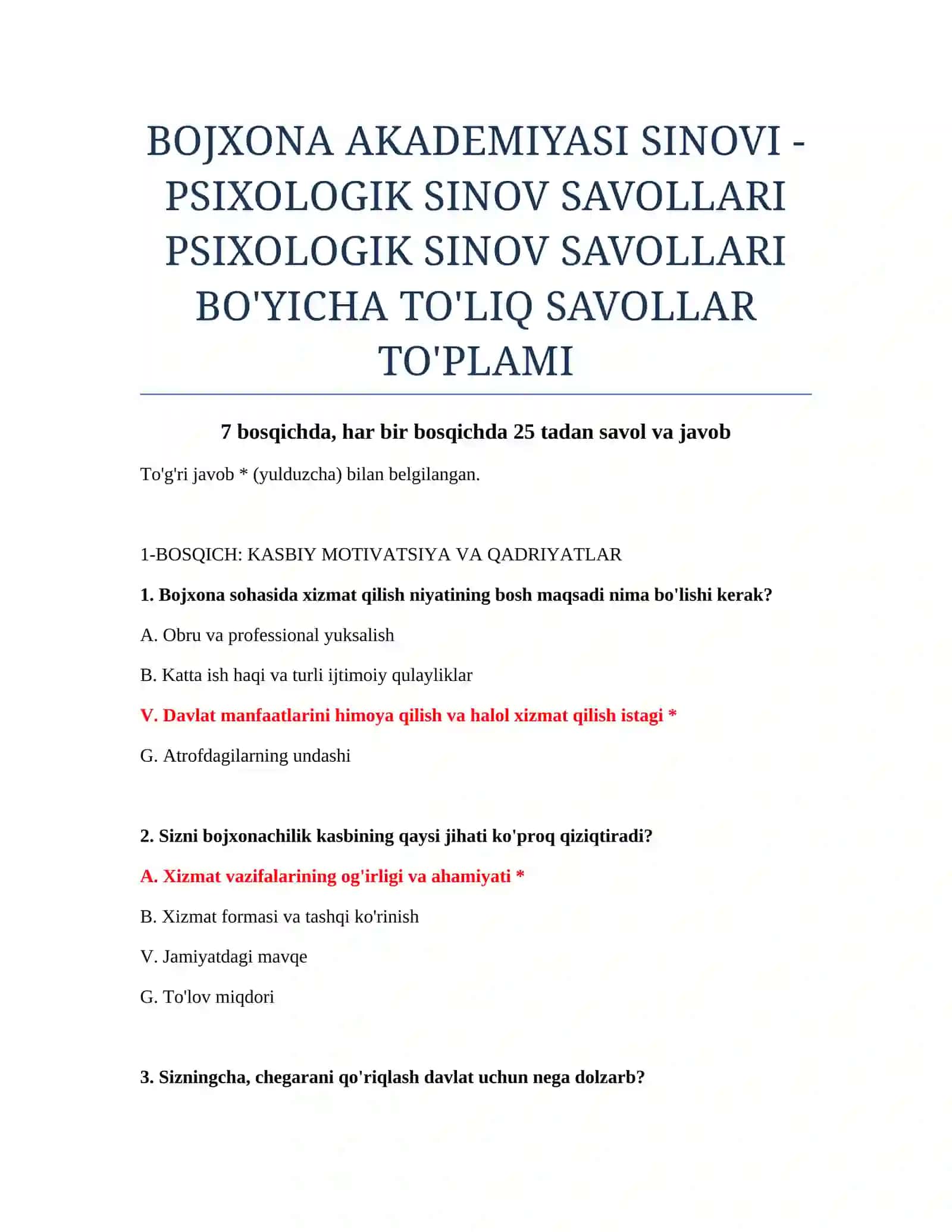 PSIXOLOGIK SINOV SAVOLLARI 2