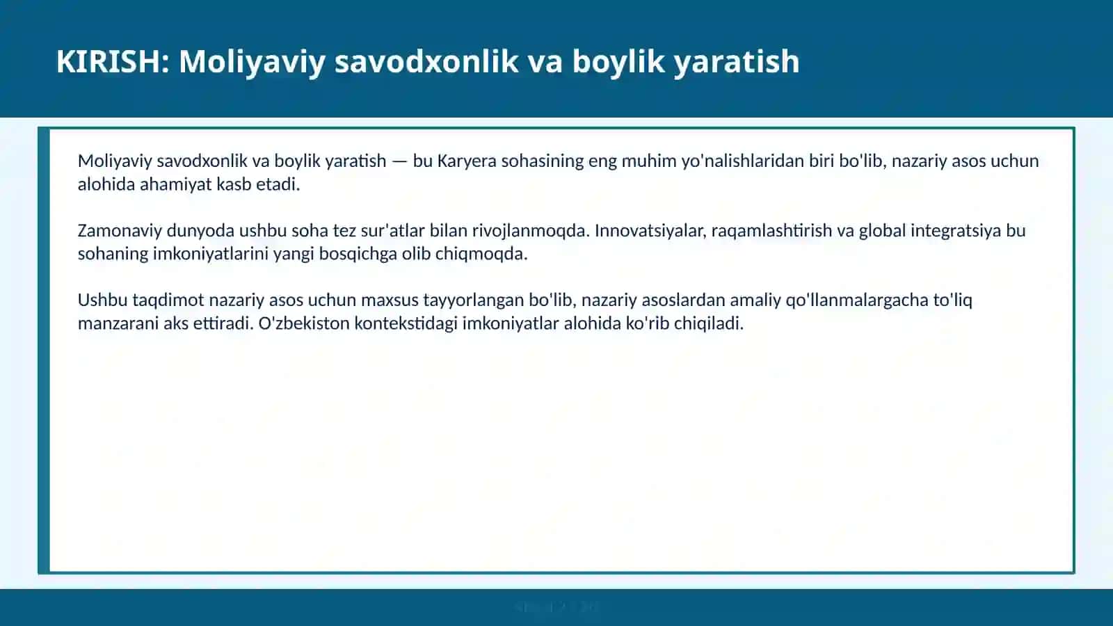 MOLIYAVIY SAVODXONLIK VA BOYLIK YARATISH 2
