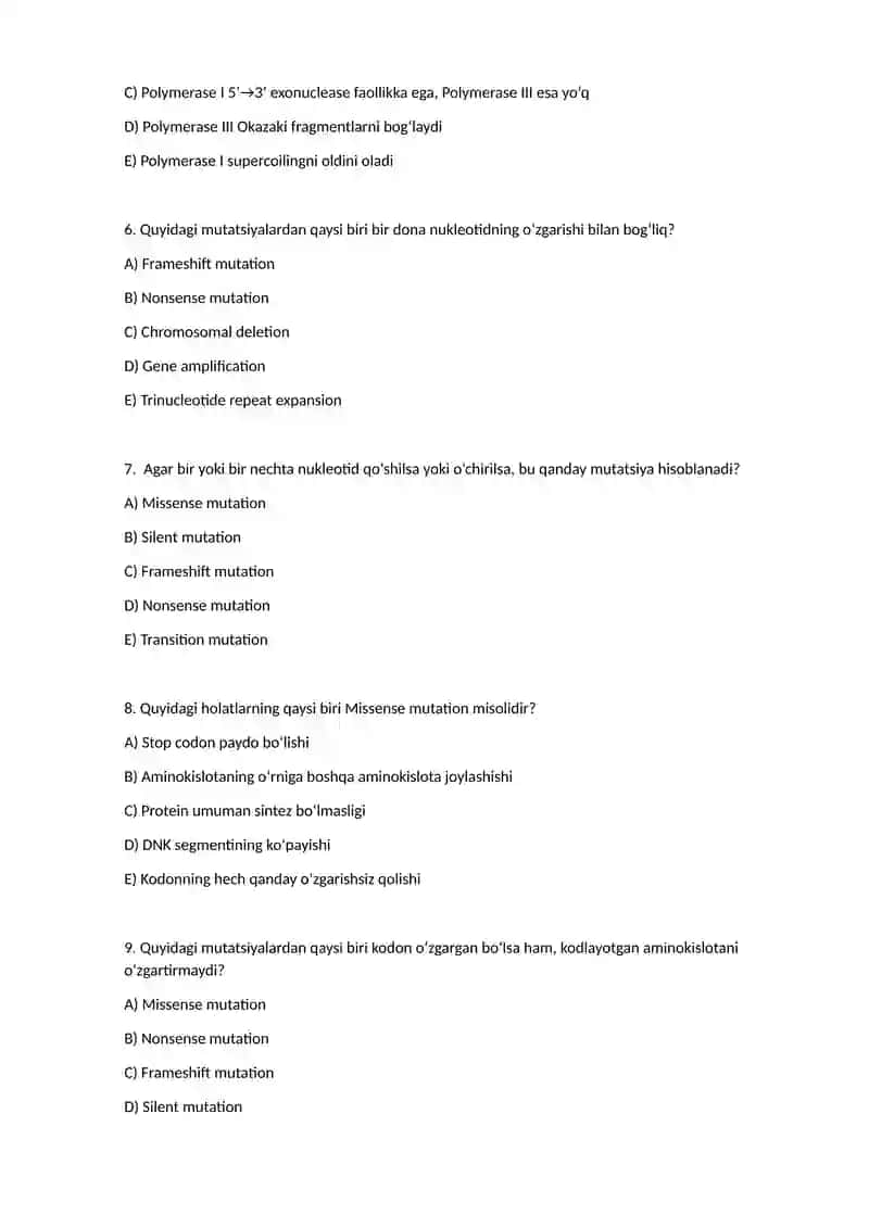 Test Hujayra biologiyasi (Cell Biology). 2