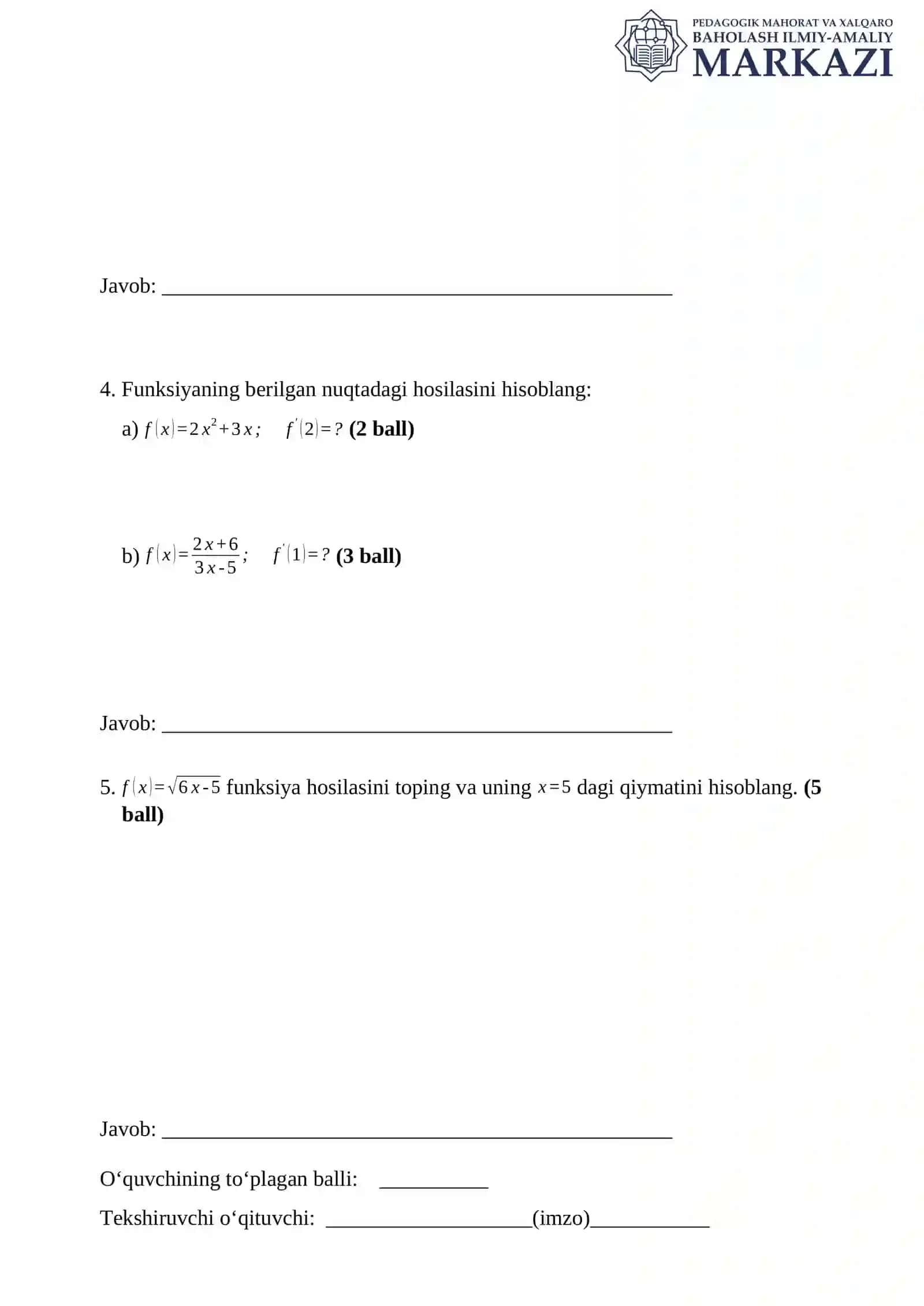 11 sinf Algebradan 1 – BSB savollari 2