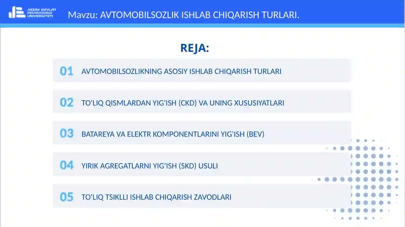AVTOMOBILSOZLIK ISHLAB CHIQARISH TURLARI 2