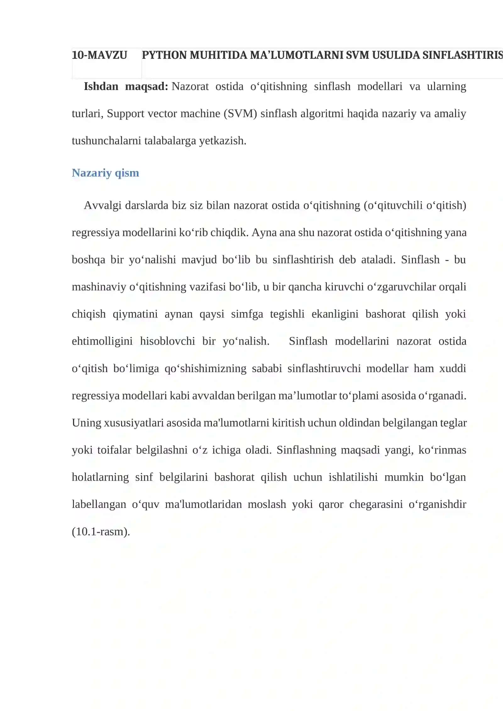 PYTHON MUHITIDA MA’LUMOTLARNI SVM USULIDA SINFLASHTIRISH 2