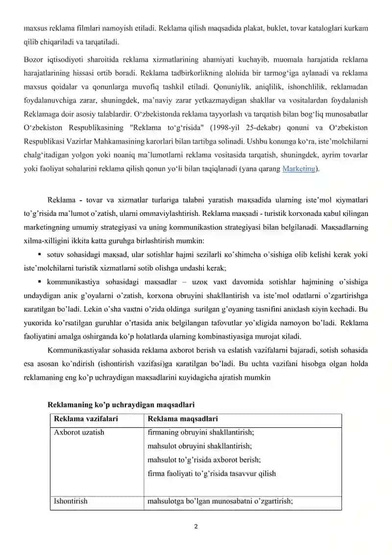 Mehmonxona va turizm sohasida reklama faoliyatini tashkil etish 2