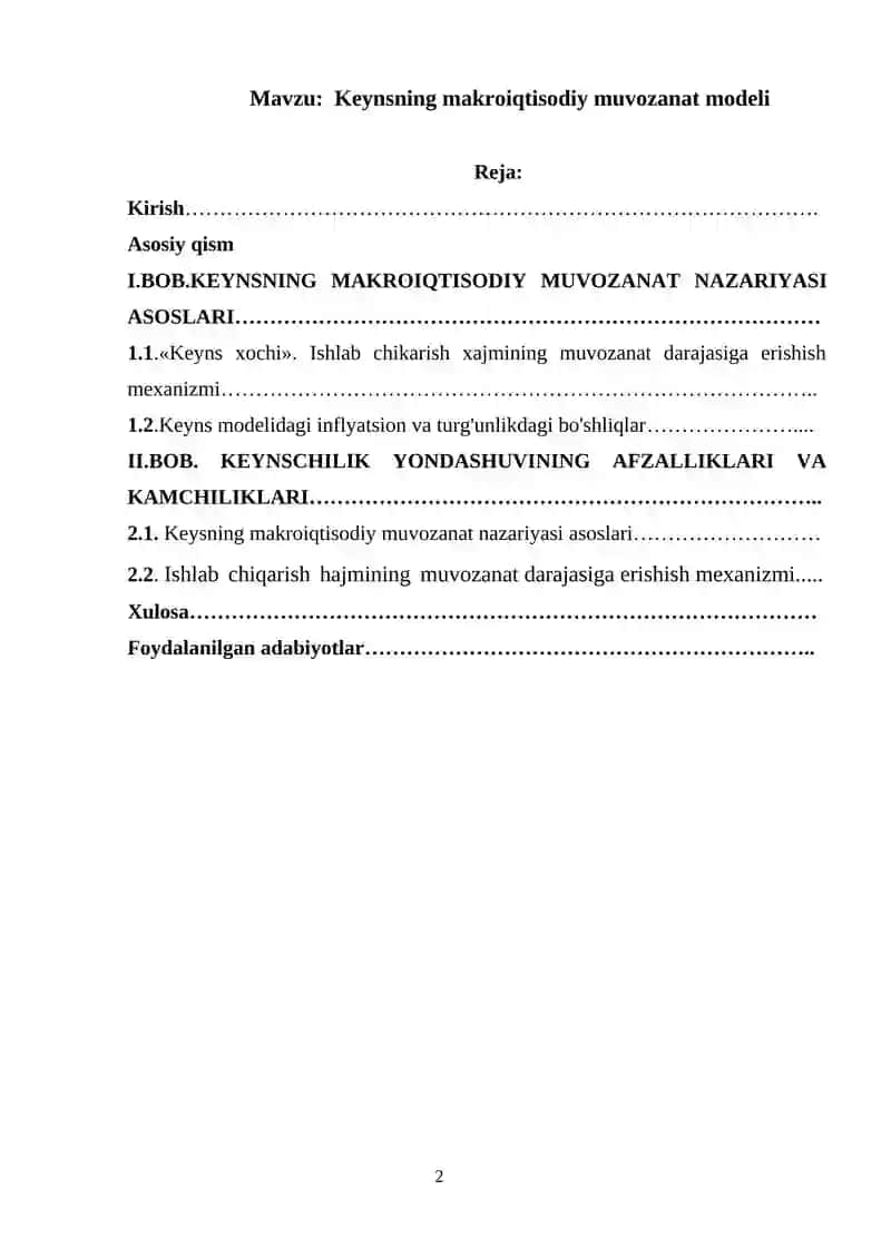 Keynsning makroiqtisodiy muvozanat modeli 2