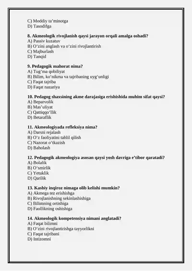 PEDAGOGIK AKMEOLOGIYA FANIDAN TEST SAVOLLARI 2