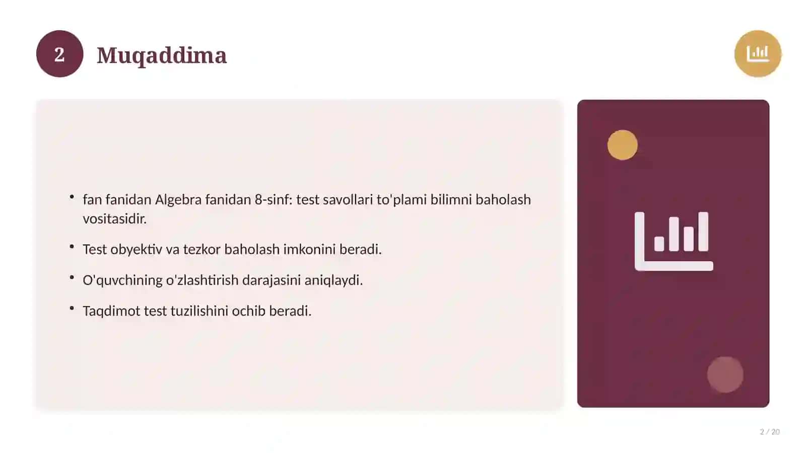 Algebra fanidan 8-sinf: test savollari to'plami 2