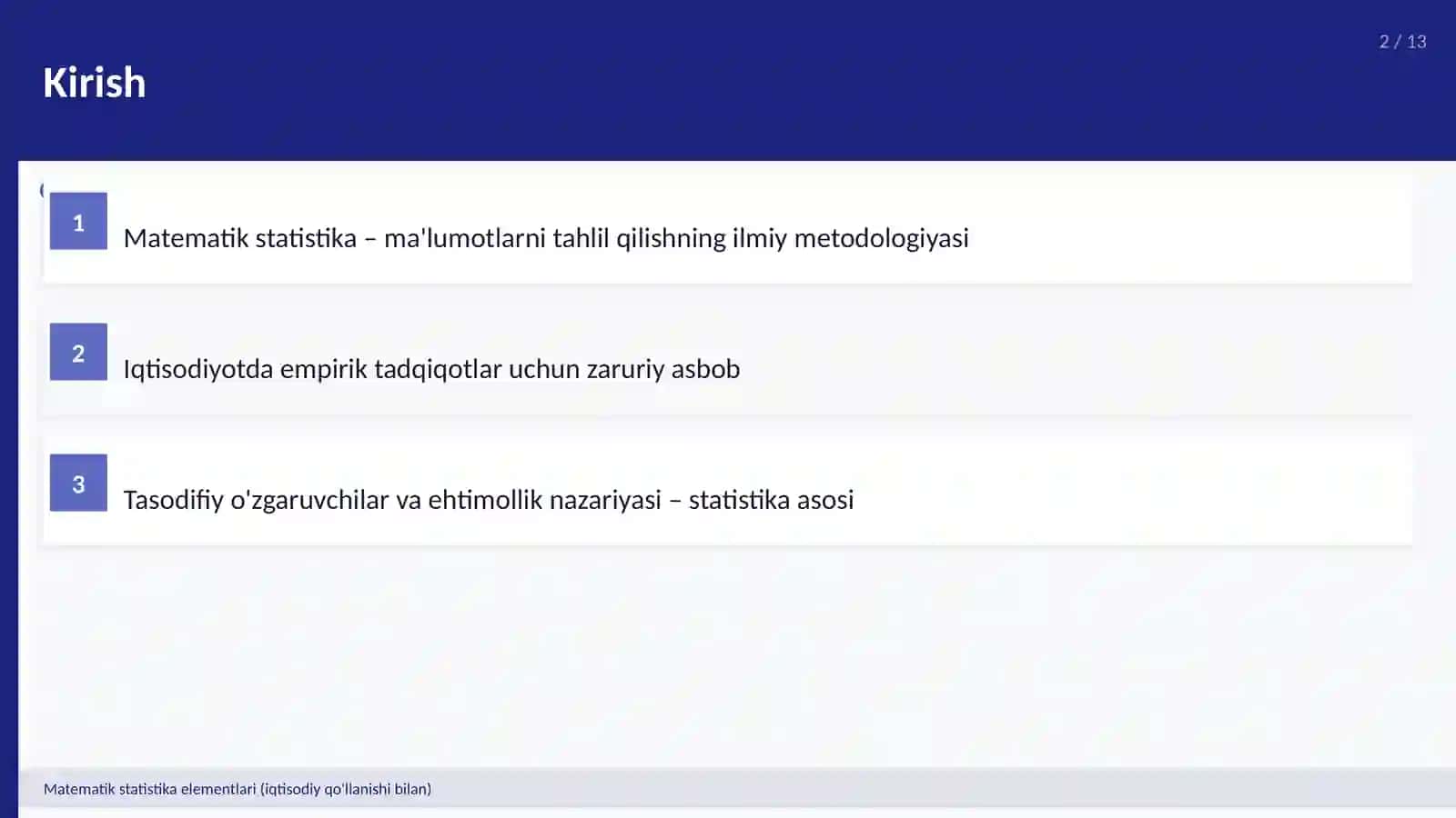 Matematik statistika elementlari (iqtisodiy qo'llanishi bilan) 2
