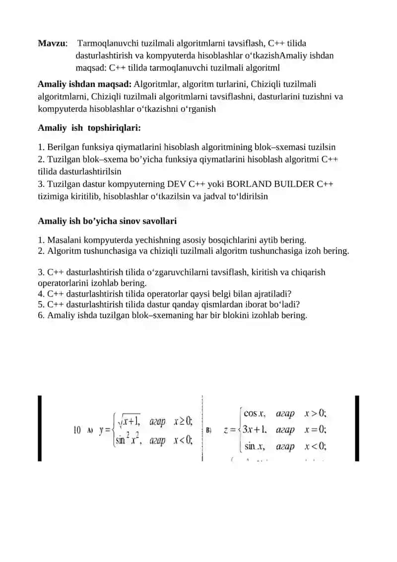 Tarmoqlanuvchi tuzilmali algoritmlarni tavsiflash, C++ tilida dasturlashtirish va kompyuterda hisoblashlar 2