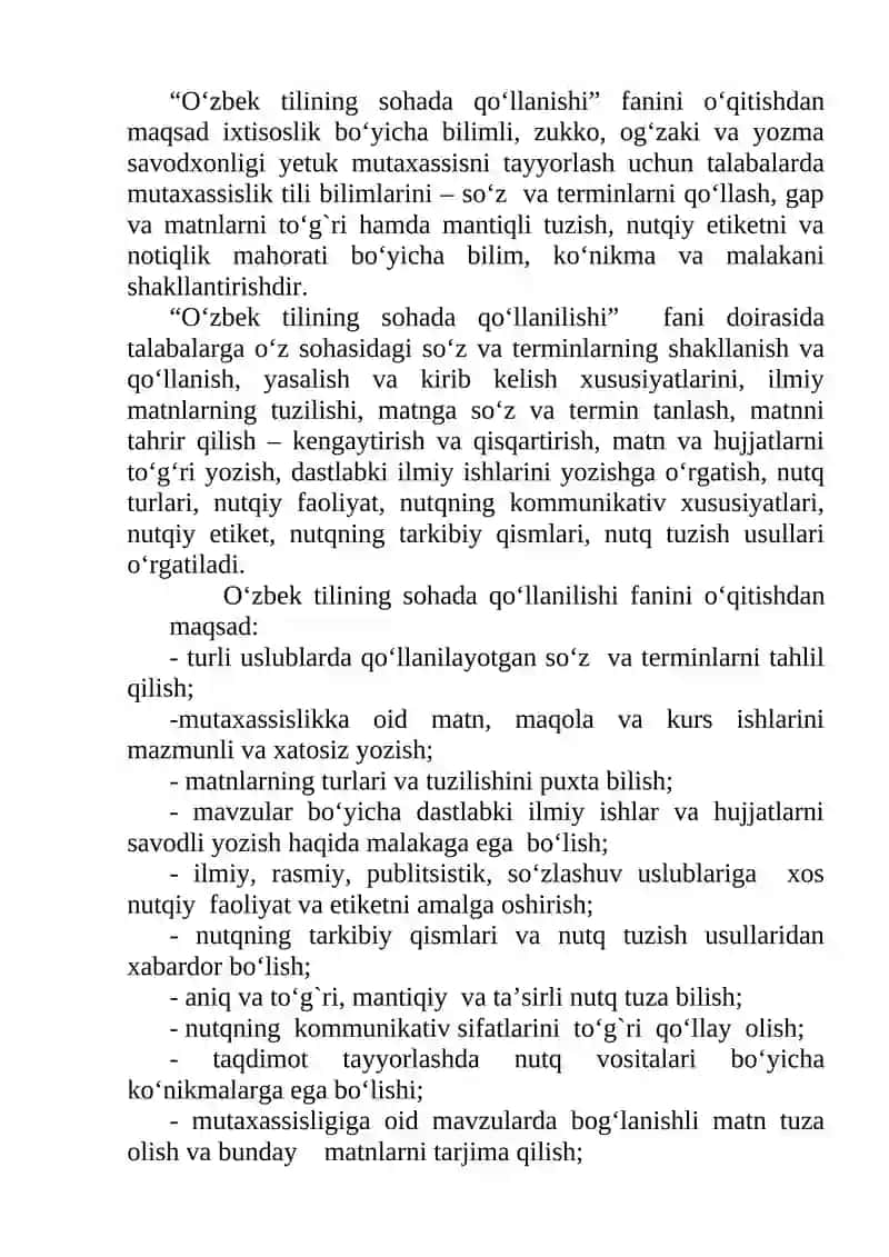 "O‘zbek tilining sohalarda qo‘llanishi" kursi 2