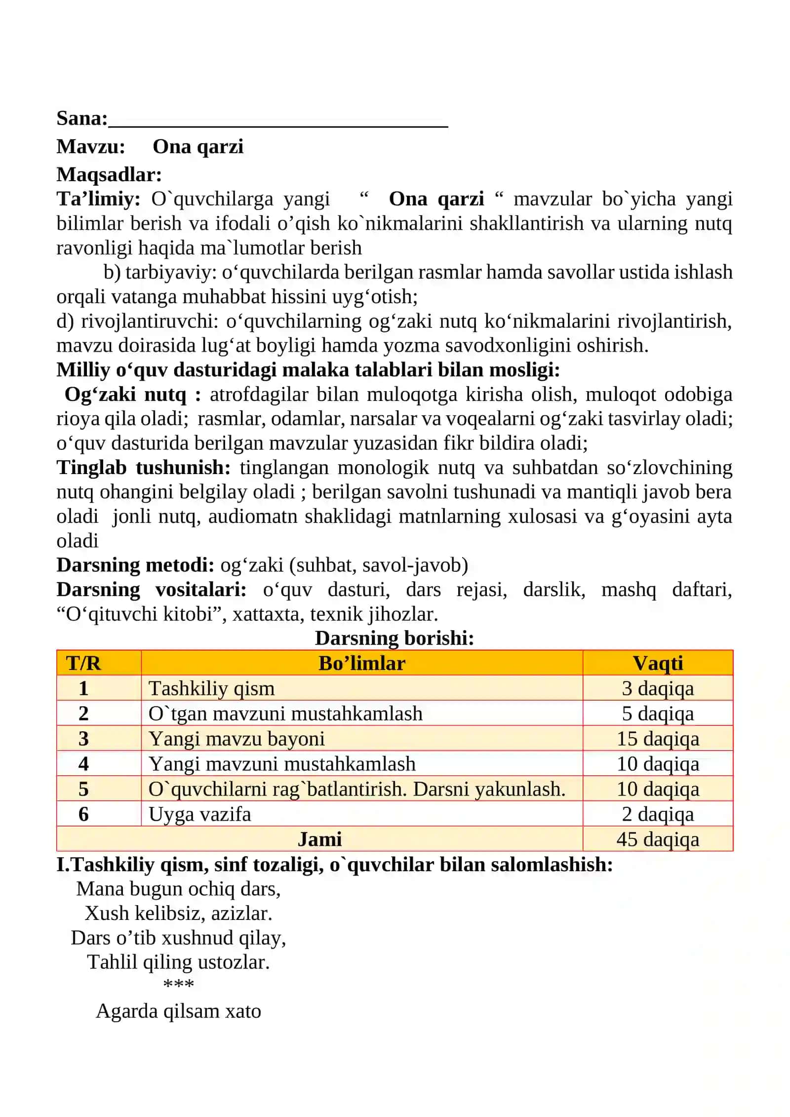 Ona qarzi mavzusida 3-sinf O'qish fanidan dars ishlanmasi 2