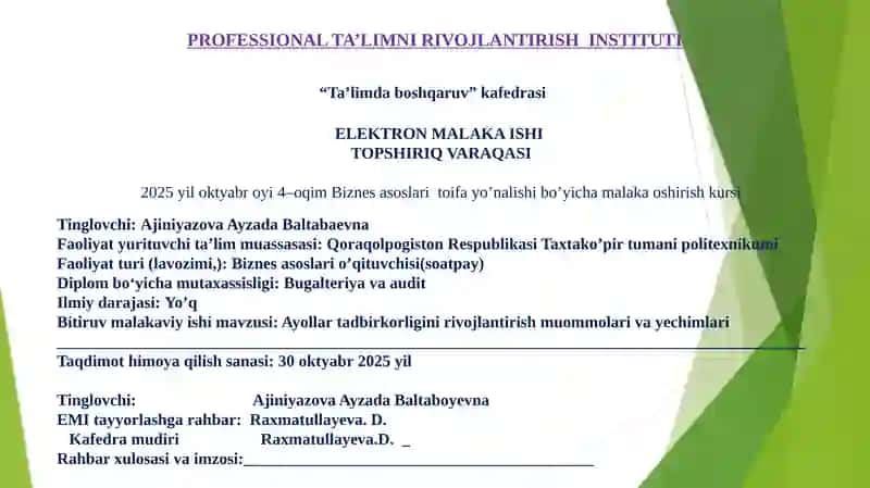 Ayollar tadbirkorligini rivojlantirish muommolari va yechimlari 2