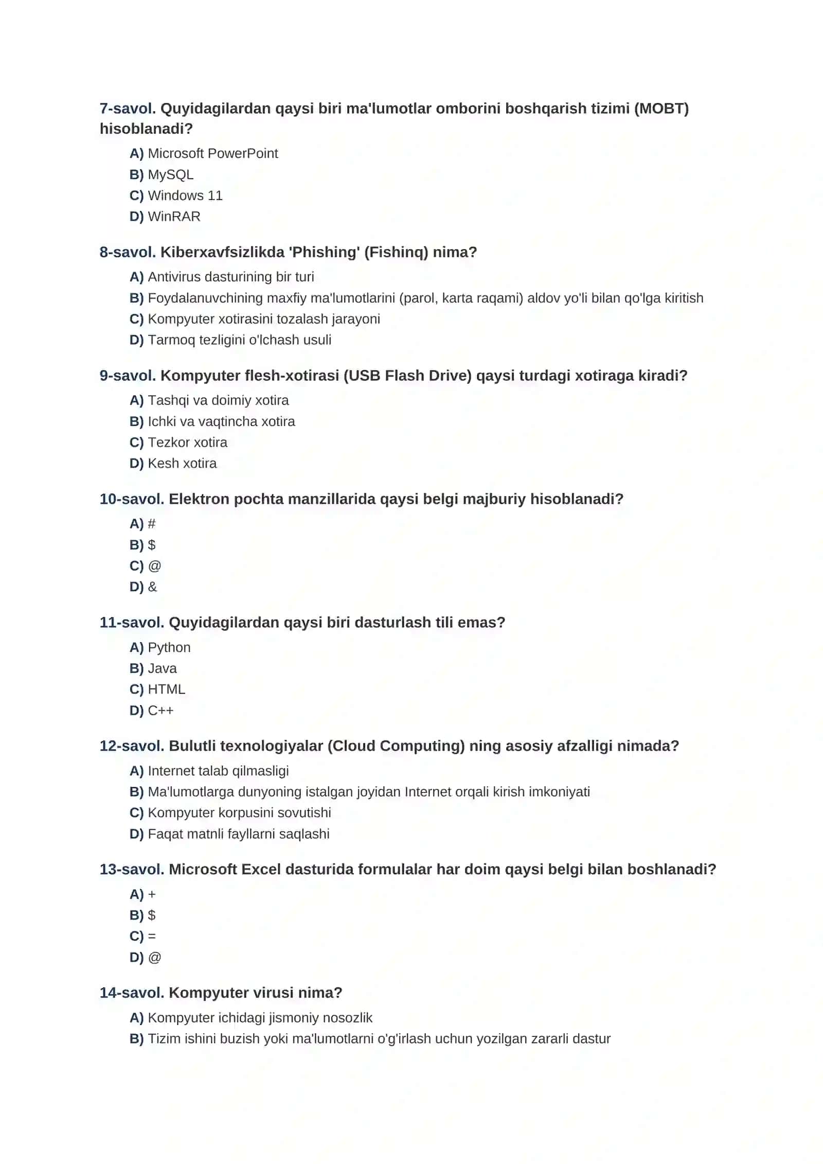 SERTIFIKATLASHTIRISH IMTIHONI TEST SAVOLLARI 2
